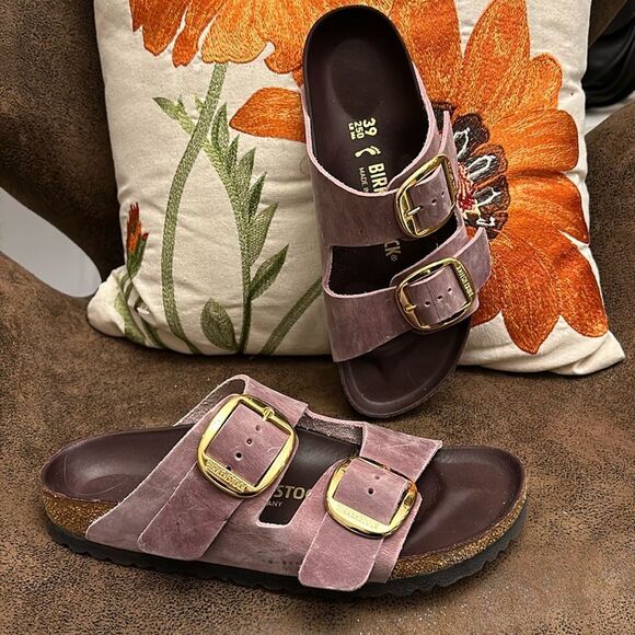 RARE BIRKENSTOCK BIG BUCKLE OILED LEATHER LAVENDER BLUSH BRASS/GOLD 39/8 NWOB💜 - Picture 1 of 10